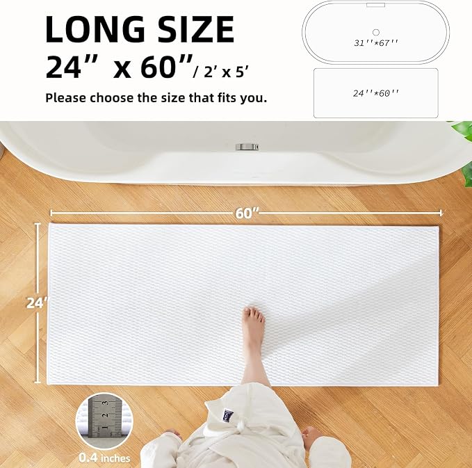 TYUU Bathroom Runner Rug, Long Bath Mat Washable Thin Quick Dry Low Pile Bathroom Runner Rugs 24 x 60 Non Slip, White 24"x60"