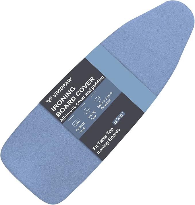 VividPaw Small Ironing Board Cover and Pad 12.5 x 30, Elastic Edge, Silicone Coated, Resist Scorching, Heavy Duty Padded Cover for Mini Table Top Iron Board (Silicone Coating-Blue, 12" x 30")