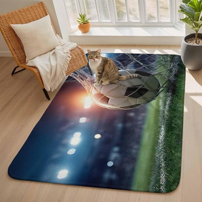 Football Washable Area Rugs for Living Room Bedroom, Large Non Slip Indoor Floor Carpet Absorbent Low Pile Goal Net Soccer Sports Orange Blue Green Door Mat Rugs for Bathroom Entryway 63"x78.7"