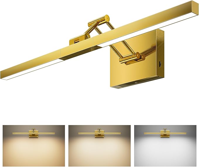 VONLUCE 24" LED Bathroom Vanity Light, 3CCT Modern LED Vanity Lights with 360° Rotatable Head & Swing Arm, 10.3W Bathroom Light Fixture Over Mirror, LED Lights for Bathroom Bedroom, Brushed Gold