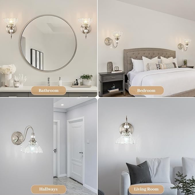 1 Piece Brushed Nickel Finish Wall Sconce, 1-Light Modern Wall Sconce with Hanging Crystal Accents and Flower-Shaped Clear Shades for Bathroom Bedroom Living Room,Modern Vanity Light