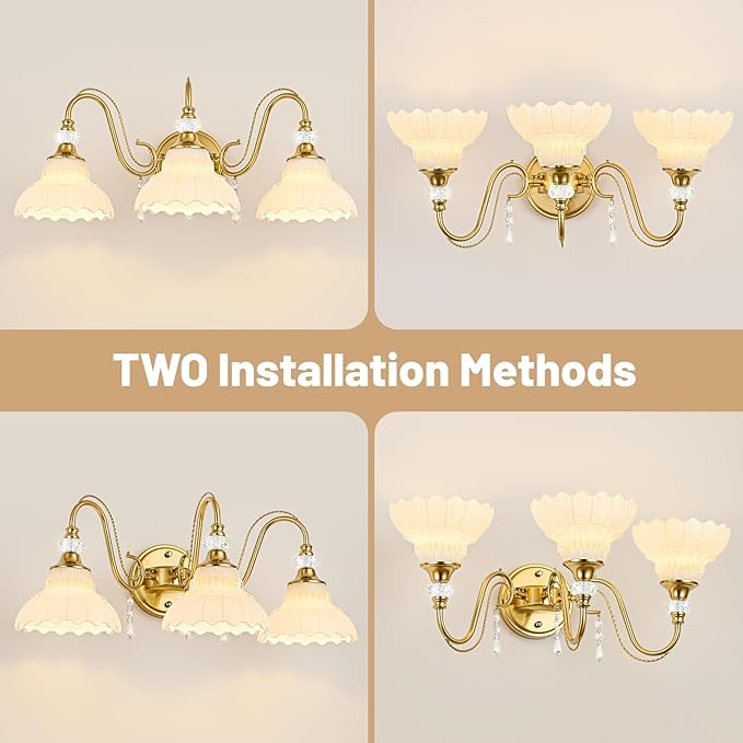 Vintage Bathroom Vanity Light, 3-Light Brushed Gold Finish Wall Sconce with Hanging Crystal Accents and Flower-Shaped White Glass Shades, Retro Wall Mount Vanity Light Over Mirror for Bathroom