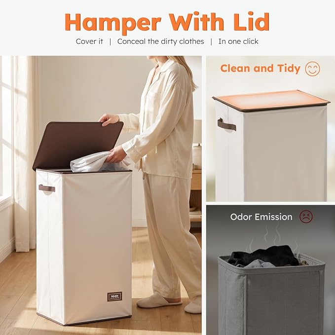 SOLEDI Clothes Hamper with Lid - 100L XL - Large Laundry Basket with Removable Bag, Collapsible Laundry Baskets, Convenient Storage - Hampers for Laundry for Bedroom, Bathroom, Closet, Dorm, Off-White