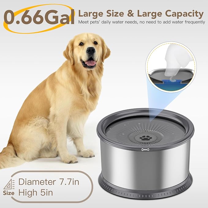 2.5L Stainless Steel Dog Water Bowl, No Spill Water Bowl for Dogs | Large Capacity, Slow Drinking Feeder, Splash Proof, with Anti-Slip Mat, Dishwasher Safe, Sturdy, Suitable for Mess Drinkers