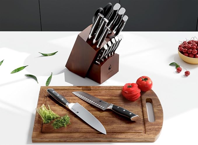 Knife Set with Block - Kitchen Knife Set German High-Carbon Stainless Steel with Built-in Sharpener - Full Tang, Triple-Rivet Ergonomic Handle - Holiday Gift Idea - 15-Piece, Falcon Series.