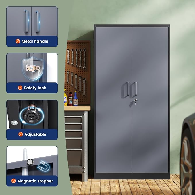 Metal Garage Storage Cabinet with 2 Doors and 5 Adjustable Shelves - 71" Steel Lockable File Cabinet,Locking Tool Cabinets for Office,Home,Garage,Gym,School (Gray Black)