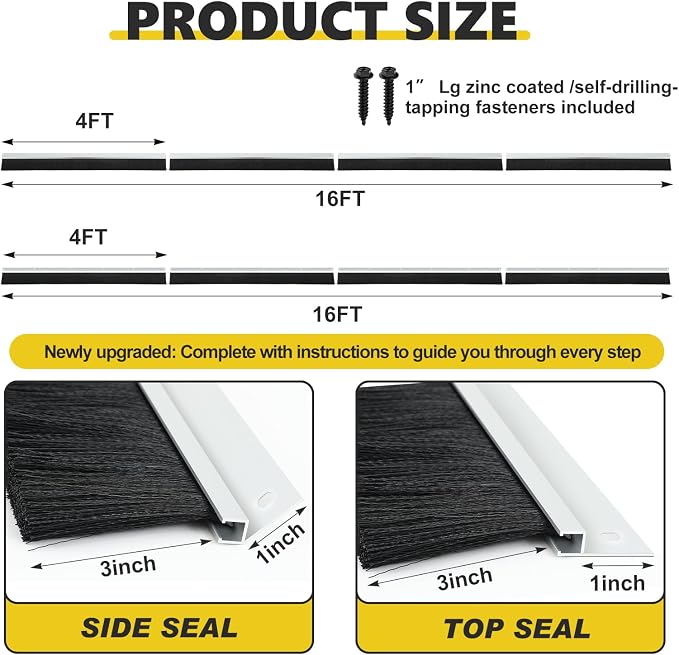 DoubleFill 16 x 8ft Two-car Garage Brush Seal Kit for Roll-up Doors 3" Heavy Duty Nylon Brush with Aluminum Track Weatherproof Commercial Door Bottom Seal for Warehouse, Energy Saving, Pest Proof