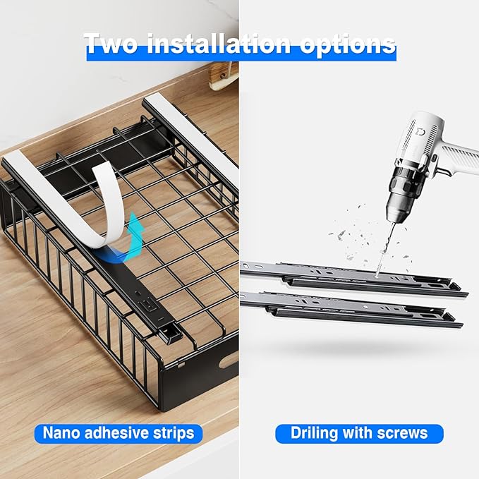 Mustorn 2 Pack Pull Out Cabinet Organizer, Slide Out Drawers for Cabinets, Peel and Stick, Heavy Duty Shelves for Kitchen, Cupboard, Pantry, Bathroom (16.5"D*11.8"W*3.94"H-Black)