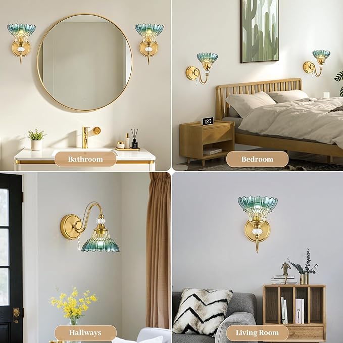 1 Piece Vintage Wall Sconce, 1-Light Brushed Gold Finish Wall Sconce with Hanging Crystal Accents and Flower-Shaped Teal Shades for Bathroom Bedroom Living Room,Vintage Vanity Light