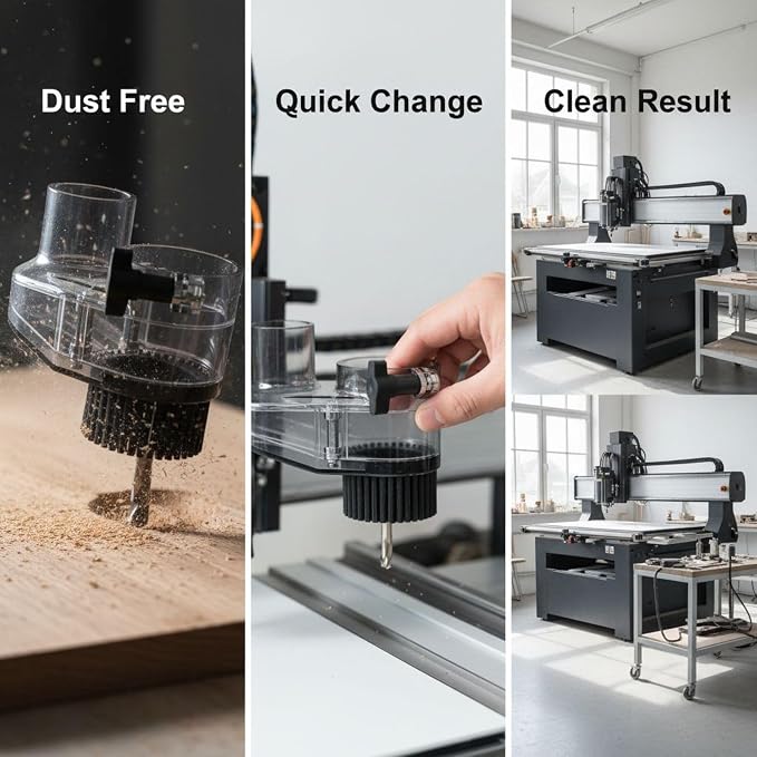 CNC Router Dust Shoe with Brush and Dual Ports, 5.1 in / 13 cm, 52 mm Spindle Dust Collector for CNC Cutting and Engraving Machine, Removable for Easy Cleaning