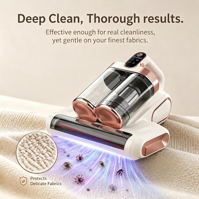Cordless Mattress Vacuum, Rechargeable Handheld Dust Remover | Strong suction for bed, carpet, sofa, car. Portable for home & dormitory. Rechargeable battery. Lightweight. White.