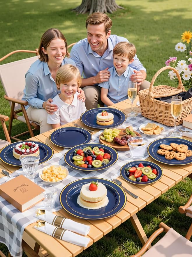 WDF Partyware 350PCS Navy Blue and Gold Plastic Plates with Rolled Napkins Include Dinner Plate 10’’, Dessert Plate 7’’, gold Cups 9 OZ, Pre Rolled Napkins for Birthday/Wedding/Party