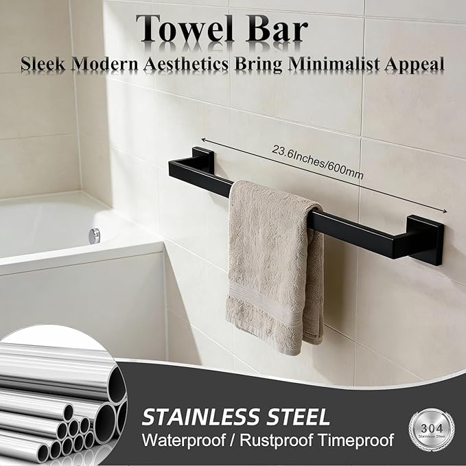 Bathroom Hardware Set 15 Piece Matte Black Bathroom Accessories Set SUS304 Towel Bar Set Includes 3 Towel Bar 24 Inch+3 Towel Holder+3 Toilet Paper Holder+6 Towel Hooks (15, Matte Black)