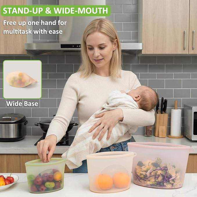 100% Reusable Silicone Bags for Food Storage, 12 Pack Double-Lock Reusable Bags Stand-Up Wide-Mouth Leakproof for Soup, Sous Vide, Freezer Microwave Dishwasher Safe, 4 Half Gallon 4 Sandwich 4 Snack