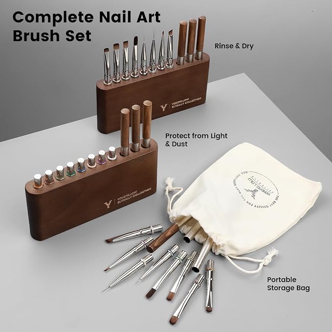 YOKEFELLOW EliteAlly Nail Art Brushes, 8pcs Nail Art Tool Set with Brush Holder, Gel Nail Brush,Extension Brush, French Tip Brush, Liner Brushes for Gel Polish Design Supply(EAkit-01)