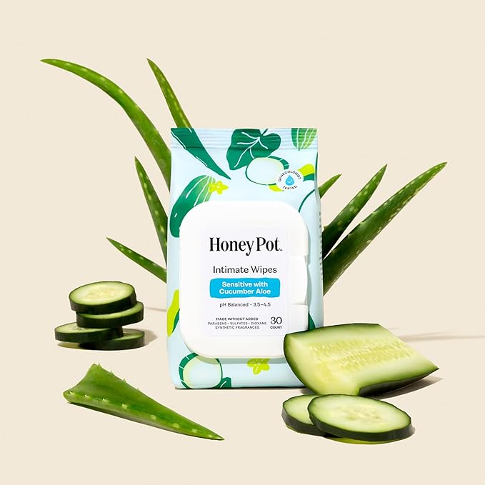The Honey Pot Company - Sensitive w/Cucumber Aloe Feminine Hygiene Wipes - pH Balancing, Herbal Infused Plant-Based Feminine Care for Sensitive Skin - Cleansing Wipes for Women - 30ct