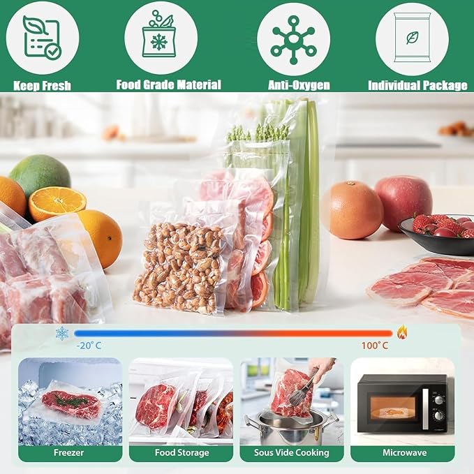 Vacuum Sealer Bags for Food - 200 Pack Precut 8"x12" Quart | Commercial Grade BPA-Free 4Mil | 6X Longer Freshness Airtight | Fits All Clamp Machines | For Freezer, Sous Vide & Meal Prep
