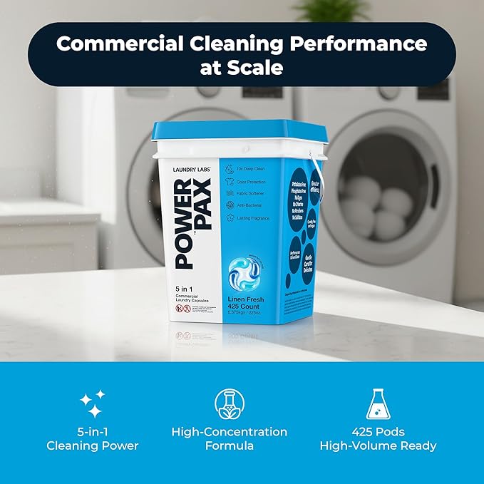 PowerPax 5-in-1 Laundry Detergent Pods - 425 Count, Washer Pods with Stain Remover, Odor Control, Fabric Softener & Color Care for Commercial Laundry - Linen Fresh