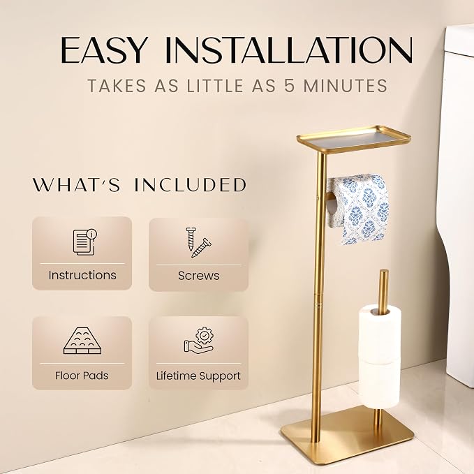 Day Moon™ - Toilet Paper Holder - Modern Roll Holder for Bathroom - 1 Pack - Free Standing - with Shelf, Gold