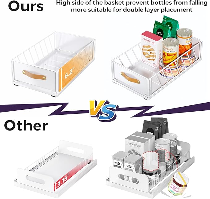 Pull out Cabinet Organizer,Heavy Duty Slide out Pantry Shelves Drawer Storage with Adhesive Nano Film,Sliding Mesh Cabinet Basket with Handle for Kitchen, Bathroom, Home, 11.8W" X 15.7"D X 6.2"H,White