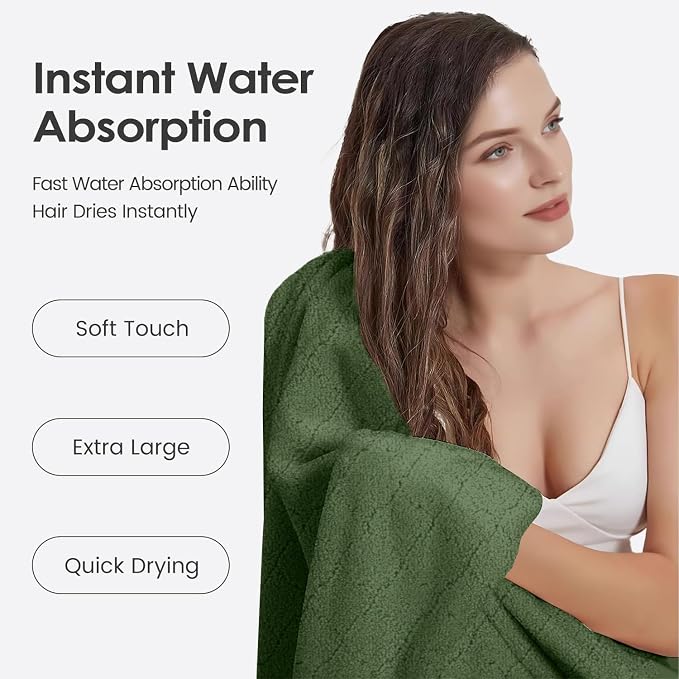 JML Pack of 4 Large Bath Towels, 30"x60", Olive-Green | Hanging Loop, Super Soft, Absorbent, Lint Free, Fade Resistant, Lightweight, Quick Dry, Use for SPA , Sauna, Salon Hair Wrap