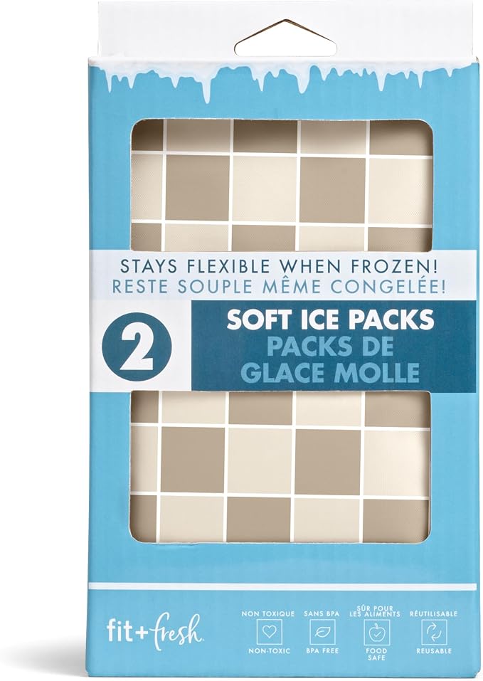 Fit & Fresh Cool Coolers 2 Pack Soft Ice for Lunch Bags, Flexible Stretch Nylon, Durable, Reusable Lunch Box Ice Packs, Soft Ice, Reusable Freezer Packs, Lunch Ice, Easy to Clean, Taupe Checkerboard