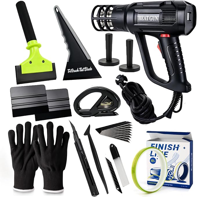 NEWISHTOOL Vinyl Wrap Tool Kit Window Tint Tools, Car Wrapping Kit with Heat Gun for Vinyl Wrap, Knife Less Tape, Magnet Holder, Vinyl Tucking Tool, Felt Squeegee, Vinyl Cutter, Wrap Knife and Gloves