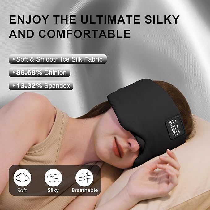 LC-dolida Bluetooth 5.4 Sleep Mask, Ice Silk Sleep Headphones for Side Sleepers, Adjustable Blackout Eye Mask with Bluetooth Headphones, Ultra-Soft Sleeping Mask for Women & Travel (Black)