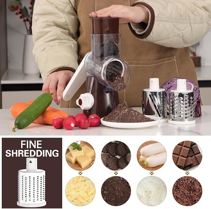 Cambom Rotary Cheese Grater Hand Crank Cheese Shredder for Fresh Cheese, Vegetable, Nuts,Non-slip Suction Base, Three Blades, Coffe Color