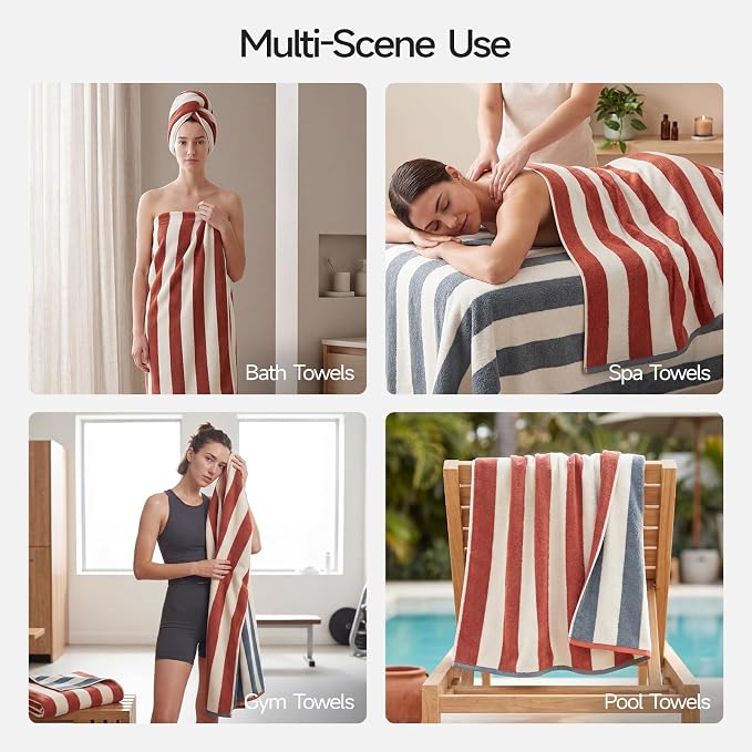 REDKISS 2 Pack Extra Large Striped Bath Towels, 31 x 63 Inches, 100% Cotton, Larger & Quicker to Dry, Super Soft and Highly Absorbent Towel, Perfect for Bathroom, Terracotta
