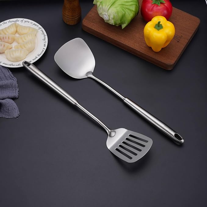 6 PCS All Metal Cooking Utensils Set - 18/10 Stainless Steel Kitchen Tools | Professional Cooking Spoons Set, 15" Spatula, Ladle, Skimmer Spoon, Pasta Serve, Large Spoon, Slotted Spatula Turner