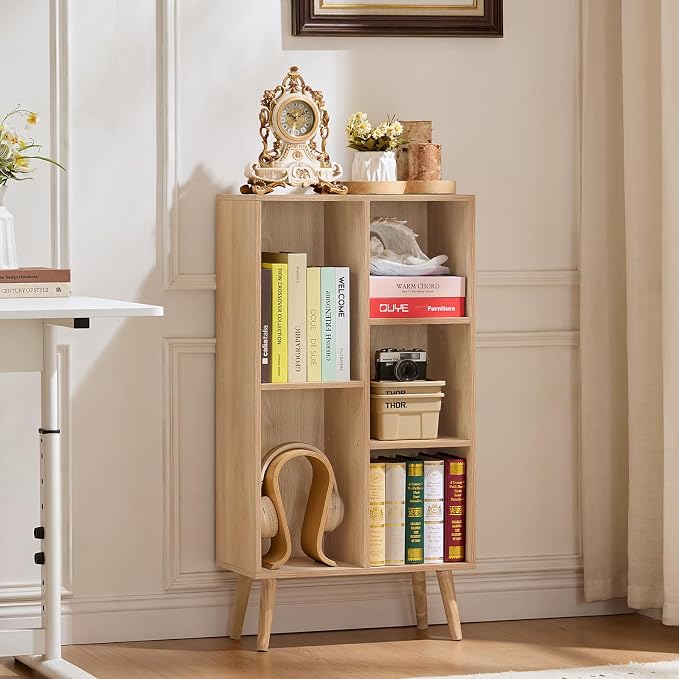 LEYAOYAO 5 Cube Bookshelf,Mid-Century Modern Bookcase with Legs,Light Wood | 3 Tier Book Shelf,Rustic Wood Bookshelves Freestanding Small Storage Organizer, Open Shelves for Bedroom, Living Room, Office