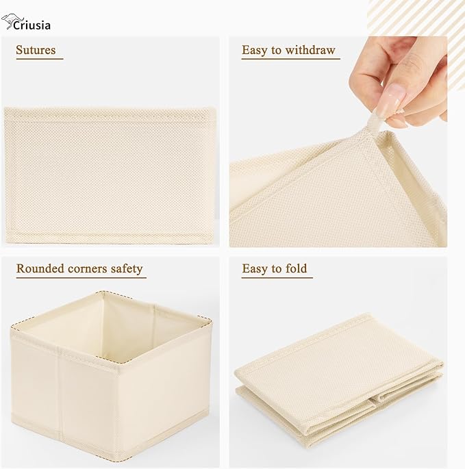Criusia 26 Pack Drawer Organizer for Clothes, Foldable Dresser Dividers with 3 Sizes, Fabric Storage Bins – Beige