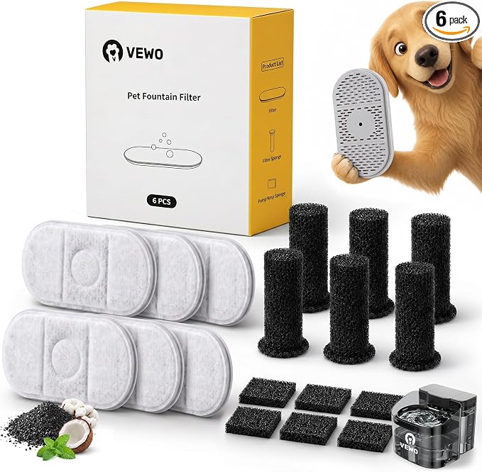6-Pack Replacement Filter Set for 11L Large Dog Water Fountain - Includes 6 Filters, 6 Sponges and 6 Pump Sponges, Multi-Layer Filtration for Cleaner, Fresher Drinking Water
