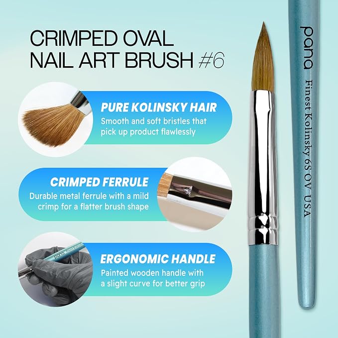 PANA Pure Kolinsky Hair Acrylic Nail Brush - Oval Crimped Shape Silver Ferrule with Teal Wood Handle (Size 6)