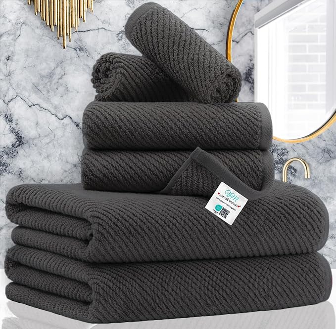 VOOVA & MOVAS 6PC Towel Set, 100% Cotton, Dark Grey | 2 Large Bath 30x56 In, 2 Hand 18x28 In, 2 Washcloths 13x13 In, Quick Dry, Thick, Soft, Towel Gift Set