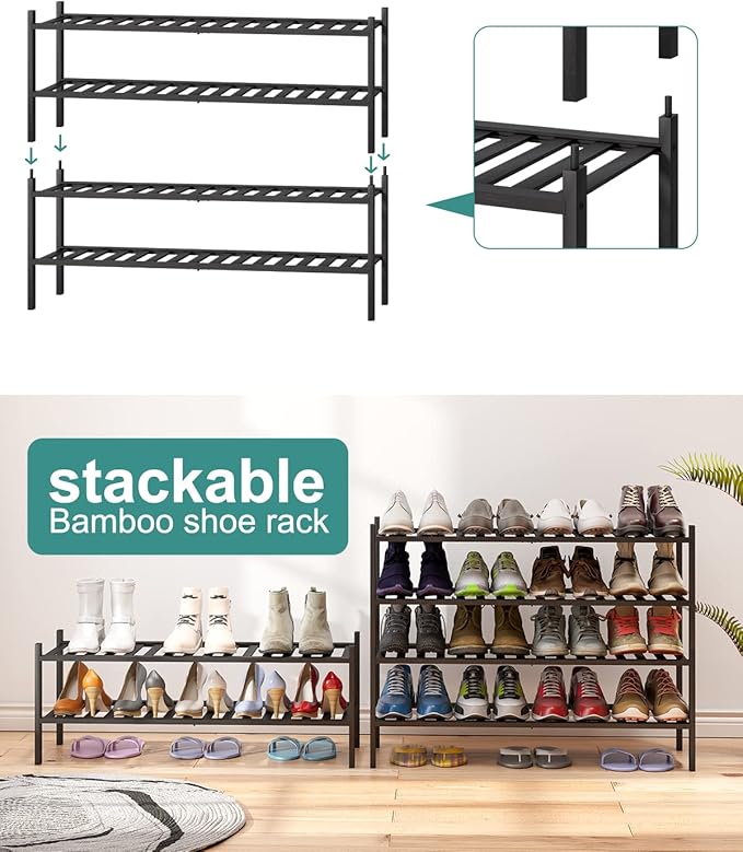 viewcare Black 4-Tier Long Shoe Rack, Bamboo Wood, 33-Inch