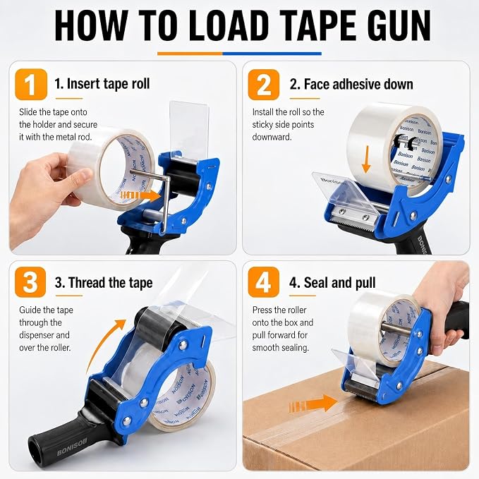 Professional 3 Inch Tape Gun Dispenser, 2-Pack Heavy-Duty Packing Tape Dispenser for Shipping Boxes, Quick Reload, Works with Standard & Thick Tape, Ergonomic Handle for Warehouse, Moving & Office