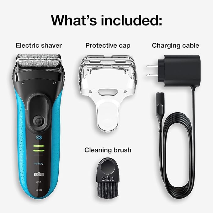 Braun Electric Series 3 Razor with Precision Trimmer, Rechargeable, Wet & Dry Foil Shaver for Men, Blue/Black, 4 Piece | Precision Trimmer, Rechargeable, Wet & Dry, Foil Shaver, 4 Piece