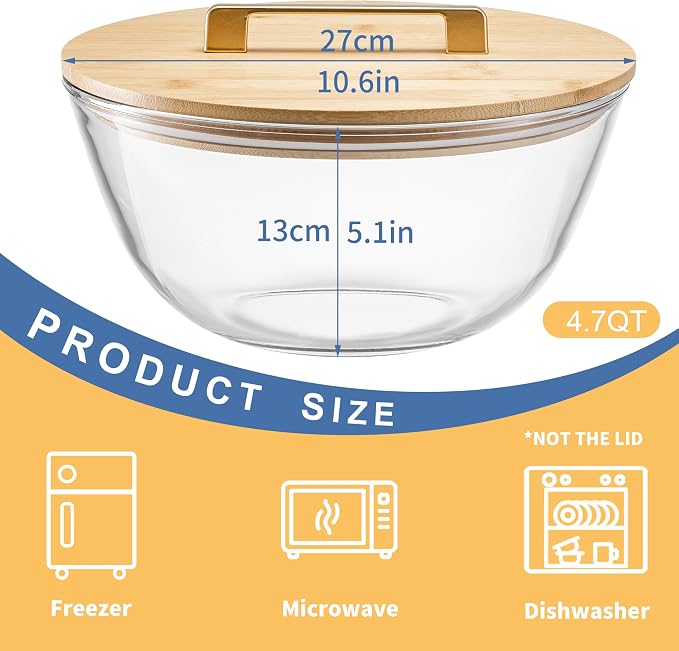 4.7Qt Large Glass Mixing Bowl with Lid, Clear Large Salad Bowls with Airtight Bamboo Lid & Handle,Thickened Glass Big Mixing Bowls Cooking Bowl for Serving, Food Prep, Kitchen,Borosilicate Glass