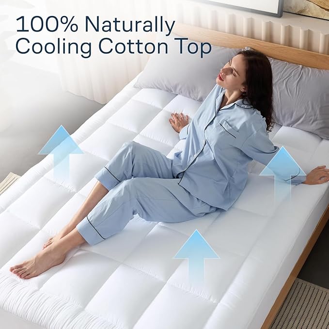 Niagara Sleep Solution Cloud-Like Full Non-Slip Mattress Topper - 100% Cotton Top Mattress Pad for Back Pain Relief - Extra-Grip, Breathable & Naturally Cooling for Hot Sleepers, White