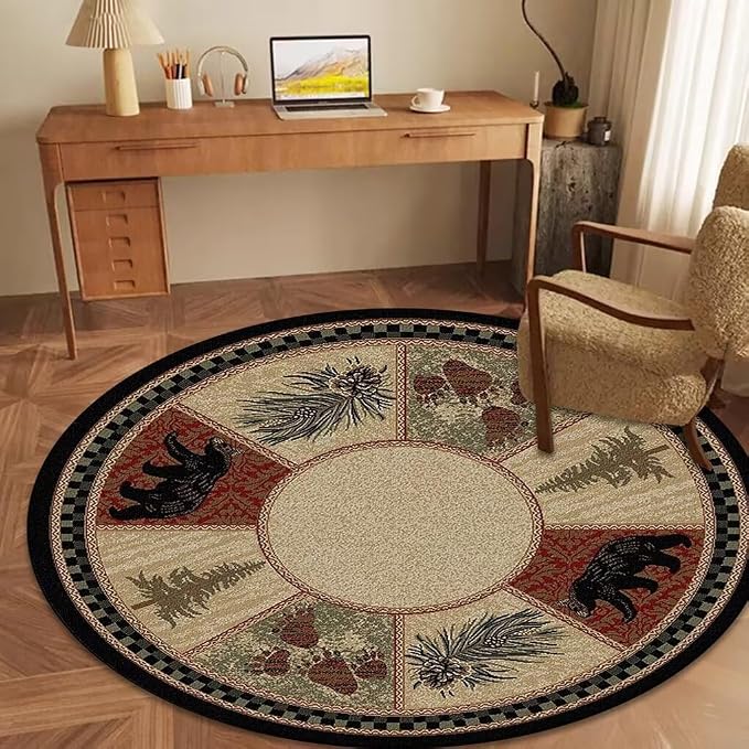 Round Cabin Bear Rugs 6 Feet for Living Room Bedroom Entrance Circular Wildlife Bear Area Rug Non-Slip Western Rugs Indoor Floor Mat