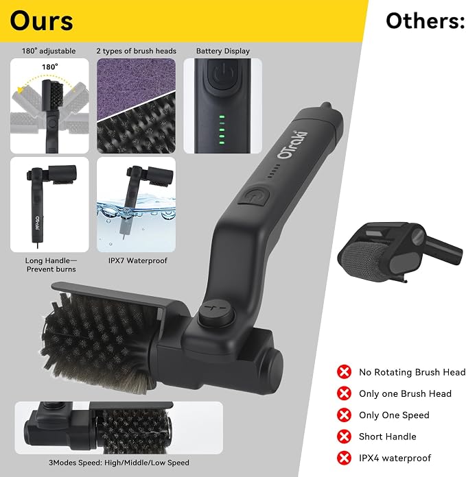 Electric Grill Brush, 3 Speed Powerful BBQ Cleaning Brush with 180° Adjustable Head, Stainless Steel Wire Automatic Grill Cleaner for Outdoor Camping & BBQ Accessories
