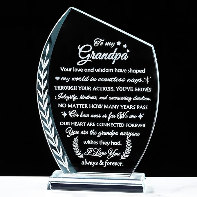 QIANWEI Glass Plaque Birthday Gifts for Grandpa from Grandkids, Best Grandpa Ever Gifts from Granddaughter, To My Grandfather Gifts for Christmas Thanksgiving Fathers Day Retirement