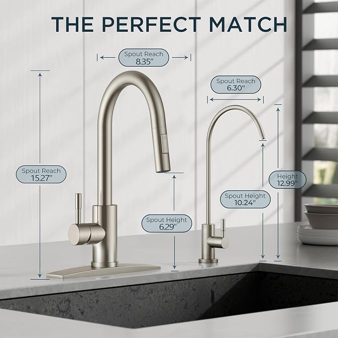 FORIOUS Kitchen Faucet and Water Filter Faucet Combo, Stainless Steel Traditional Sink Faucet with Drinking Water Faucet Fits Reverse Osmosis, Water Filtration System and Pot Filler, Brushed Nickel