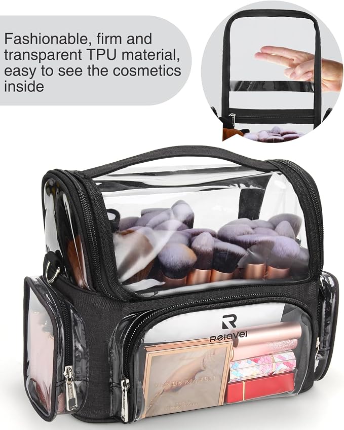 TANTO Clear Makeup Brush Case,Stand-up Makeup Cup Large Cosmetic Organizer Holder Professional Makeup Artist Travel Case with Adjustable Divide&Strap (02-Black（X Large）)