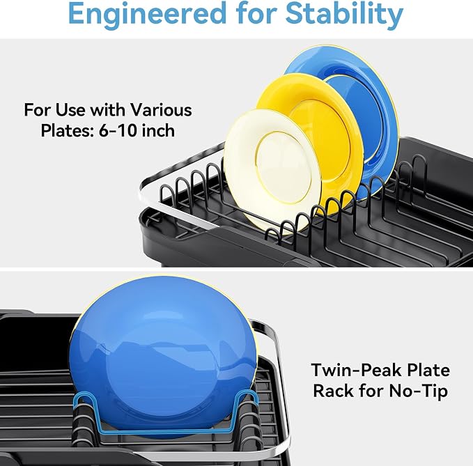 Urackify Expandable Dish Drying Rack for Kitchen Counter, 16.2-23.7", Black | Adjustable Capacity, Countertop-Stay-Dry Drainboard, Stable Plate Rack, Spave Saving for Apartment, RV, Dorms