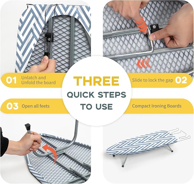 Small Tabletop Ironing Board Foldable, RAINHOL Steel Mesh Portable Iron Board for Dorm and Apartment, with Iron Rest and Heat-Resistant Cotton Cover, 32" x 12", Blue and White Stripes