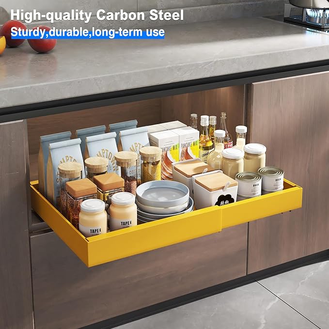 Mustorn 2 Pack Pull Out Cabinet Organizer, Expandable Slide Out Drawers for Kitchen Cabinets Peel and Stick Pullout Drawer Heavy Duty Sliding Shelves for Cupboard, Pantry, Bathroom(16.5" Deep, Yellow)