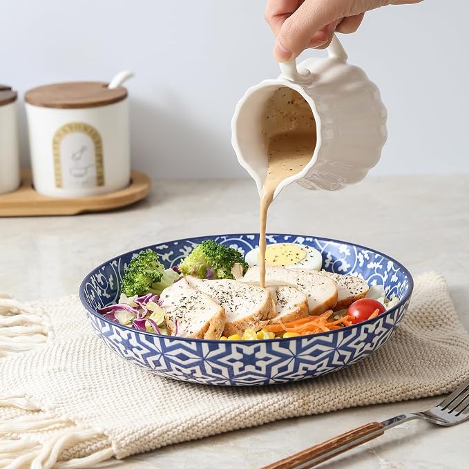 Selamica Ceramic Pasta Bowls Set 34 OZ, Large Salad Bowls 8.6 Inch Dinner Bowls for Kitchen, Wide Shallow Bowls Deep Plates for Pasta Soup, Microwave & Dishwasher Safe, Set of 6, Vintage Blue